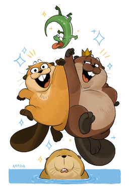 3_toes 4_fingers ambiguous_gender belly big_belly brown_body brown_tail buckteeth countershading crown eyebrows eyes_closed featureless_crotch feet feral fingers green_body group headgear jumping looking_at_another narrowed_eyes open_mouth orange_body overweight partially_submerged paws smile tail teeth toes tongue tongue_out water whiskers akada disney hoppers_(disney) pixar king_george_(hoppers) loaf_(hoppers) mabel_tanaka tom_(hoppers) beaver lizard mammal reptile rodent scalie hi_res