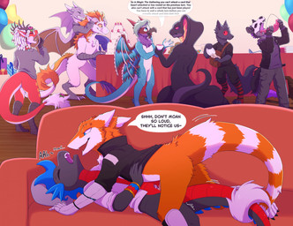 all_fours ambiguous_gender animal_genitalia anthro avian_feet birthday_cake blue_eyes blue_hair blue_spikes bracelet cake claws countershading dessert dialogue dipstick_ears dreadlocks duo_focus ear_markings eyes_closed finger_claws food frottage_in_slit genital_slit genitals group hair jewelry looking_at_another looking_at_partner lying male male/male male_focus multicolored_ears narrowed_eyebrows on_back open_mouth open_smile orange_body penetration penile penile_penetration penis_in_slit sex slit_penetration slit_play smile speech_bubble stealth_sex tail tail_coil text toe_claws white_body white_countershading dragonidot hasbro magic:_the_gathering mythology wizards_of_the_coast carthan_night citrus_raei corops_blackscale rithvik silver_(sir_bigglesworth) valor_(valorvevo) ailurid avian canid canine canis cobra dragon gryphon lizard mammal mythological_avian mythological_creature mythological_scalie red_panda reptile scalie sergal snake wolf english_text hi_res