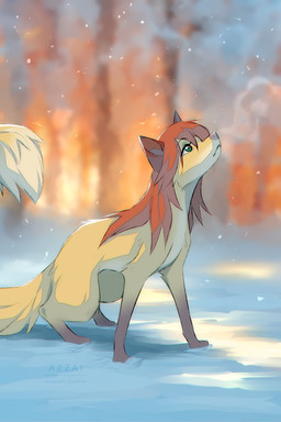 blurred_background brown_markings female feral feral_with_hair fur green_eyes hair long_hair looking_up markings outside pink_nose red_hair snout snow snowing solo tail tan_markings yellow_body yellow_fur azzai canid canine fox mammal 2024 2:3 colored colored_sketch digital_drawing_(artwork) digital_media_(artwork) shaded sketch