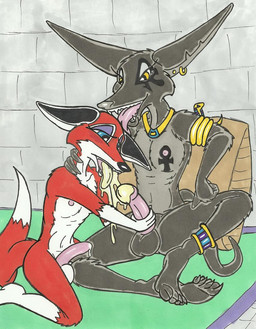 ankh anthro bodily_fluids cum cumshot dominant dominant_male duo ear_piercing egyptian ejaculation erection fellatio genital_fluids genitals humanoid_genitalia humanoid_penis jewelry licking long_ears male male/male male_penetrated male_penetrating male_penetrating_male master oral orgasm penetration penile penis penis_lick piercing sex slave submissive tongue tongue_out anubislaughed canid canine canis fox jackal mammal