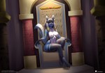 anthro blue_body blue_fur breasts chair ear_piercing ear_ring female fur furniture hair looking_at_viewer navel navel_piercing nipple_dip nipples piercing pink_nipples red_eyes ring_piercing sitting solo text throne under doomthewolf nintendo pokemon nubia_(vulfox) canid generation_4_pokemon lucario mammal pokemon_(species) 2023 url