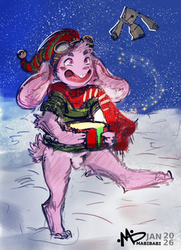 anthro balls barefoot bell biped black_eyebrows blush bottomless bottomless_anthro bottomless_male buckteeth casual_exposure clothed clothed_anthro clothed_male clothing eyebrows eyewear eyewear_on_head feet flaccid genitals goggles goggles_on_head gold_goggles green_clothing green_hat green_headwear green_shirt green_topwear happy hat headgear headwear holidays jingle_bell kite knight logo looking_up male male_anthro multicolored_scarf night open_mouth open_smile outside pattern_clothing pattern_hat pattern_headgear pattern_headwear pattern_scarf penis pink_eyes pink_tongue pupils red_clothing red_hat red_headwear red_scarf scarf shirt sky smile snow solo sparkles star starry_sky stocking_cap striped_clothing striped_hat striped_headgear striped_headwear striped_scarf stripes teeth text tongue topwear two_tone_hat two_tone_scarf warrior white_scarf winter mabibabi christmas lagomorph leporid mammal rabbit 2026 absurd_res artist_logo artist_name dated hi_res watermark