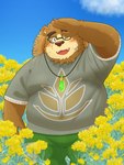 anthro belly big_belly bottomwear brown_body brown_fur clothing eyewear flower fur glasses hat headgear headwear humanoid_hands kemono male one_eye_closed overweight overweight_male pants plant shirt solo straw_hat topwear yarrow_(flower) yaki_atsuage lifewonders tokyo_afterschool_summoners volos_(tas) bear mammal 2024 absurd_res hi_res