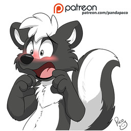 anthro black_nose blush cheek_tuft chest_tuft facial_tuft front_view fur grey_body grey_eyes grey_fur grey_tail hair logo male navel nude open_mouth pink_tongue short_hair simple_background solo tail tongue tuft white_background white_body white_fur white_hair white_tail young young_anthro young_male pandapaco mammal mephitid skunk 1:1 artist_logo half-length_portrait portrait signature