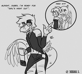 anthro breasts cleavage clothed clothing crossdressing dialogue dress facial_horn feathered_tail feathered_wings feathers female femboy gesture group hair half-closed_eyes hand_gesture horn long_hair long_snout makeup male markings narrowed_eyes pointing purse simple_background skimpy skimpy_dress snout tail text trio white_background wings seven_(artist) cavemanon_studios goodbye_volcano_high ko_op_(game_developer) snoot_game fang_(gvh) reed_(gvh) trish_(gvh) ceratopsian ceratopsid chasmosaurine dinosaur dromaeosaurid marginocephalian ornithischian prehistoric_species pterosaur reptile saurischian scalie theropod triceratops velociraptor 2022 digital_media_(artwork) english_text monochrome sketch