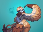 absurd_res anthro avian beak bird butt digital_media_(artwork) eyewear feathers female freckles hi_res looking_at_viewer looking_back merriberry miya_(bluepegasi) one_eye_closed owl rear_view simple_background smile solo sunglasses tail tail_feathers tyto tytonid winged_arms wings wink winking_at_viewer