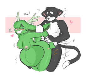 all_fours anthro antlers belly big_belly blush bodily_fluids breasts crossgender cum cum_inflation cum_inside doggystyle duo ear_grab ear_pull female female_penetrated from_behind_position fur genital_fluids green_body green_fur heart_symbol horn inflation male male/female male_penetrating male_penetrating_female nipples nude penetration penile penile_penetration penis_in_vagina sex text vaginal vaginal_penetration kilinah andy_(breadcat) axey felid jackalope lagomorph mammal english_text