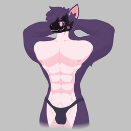 abs anthro biped blush bulge clothed clothing detailed_bulge fur grey_background hands_behind_head jockstrap machine male male_anthro multicolored_body multicolored_fur muscular muscular_male nipples pecs purple_body purple_fur simple_background solo topless topless_male tuft underwear visor anonymous_artist canid canine mammal protogen 1:1 3d_(artwork) 3d_animation animated blender_(artwork) digital_media_(artwork) high_framerate no_sound short_playtime video