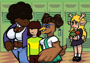 afro anthro big_breasts breasts cleavage clothed clothing crossgender dark_body dark_skin eyewear female glasses group male faceofjace deltarune undertale_(series) berdly kris_dreemurr noelle_holiday susie_(deltarune) avian bird deer human lizard mammal new_world_deer reindeer reptile scalie