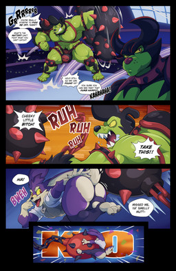 4_panel_comic 4_toes 5_fingers abs anthro biceps big_bulge black_hair black_nose bleh bottomwear bulge claws clothed clothing collar countershading dialogue eyelid_pull eyelid_pull_taunt feet fighting_ring fingers fur gesture green_body group hair mace_and_chain making_faces male melee_weapon mocking muscular muscular_anthro muscular_male navel nipples partially_clothed pecs plantigrade pompadour purple_body purple_fur red_claws red_eyes red_nose red_spikes red_toe_claws red_tongue sharp_teeth speech_bubble spiked_collar spikes stirrup_legwear taunting teasing teeth text toes tongue tongue_out topwear trio weapon yellow_sclera thepurp kings_of_hell jr._(kings_of_hell) purp_(thepurp) split_(kings_of_hell) canid canine canis demon domestic_dog lagomorph leporid mammal rabbit absurd_res comic digital_media_(artwork) english_text hi_res shaded brother_(lore) brothers_(lore) sibling_(lore) twins_(lore)
