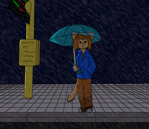 anthro blue_clothing blue_hoodie blue_topwear bored bus_stop bus_stop_sign clothing hoodie male night raining topwear umbrella furei97 oscar_(furei97) calico_cat domestic_cat felid feline felis mammal hi_res