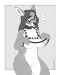 angry anthro bell big_breasts breasts bubble dialogue emoticon female genitals hair harness long_hair looking_at_viewer mouthpiece pussy reins solo spots text thick_thighs noxu deer_(noxu) deer mammal 2024 4:5 hi_res monochrome