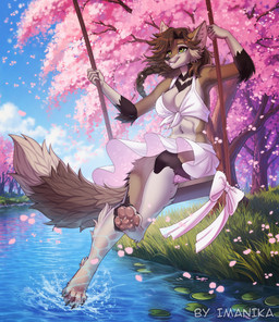 anthro biped bottomwear breasts claws clothed clothed_anthro clothed_female clothing cloud countershade_torso countershading day feet female fingers front_view fully_clothed fully_clothed_anthro fully_clothed_female fur hair navel outside paws plant sitting sky smile solo tail teeth toes topwear tree water imanika canid canine mammal 2026 digital_drawing_(artwork) digital_media_(artwork)