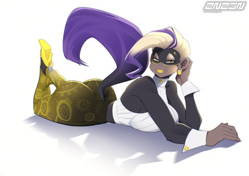 anthro bedroom_eyes big_breasts big_butt blonde_hair bottomwear breasts butt clothing cuffs_(clothing) ear_piercing eyebrow_piercing eyelashes eyewear facial_piercing feet_up female footwear fur glasses grey_body grey_fur hair highlights_(coloring) lipstick looking_at_viewer lying makeup narrowed_eyes on_front pants pattern_bottomwear pattern_clothing pattern_pants piercing purple_highlights purple_tail seductive shoes simple_background smile solo tail text thick_thighs topwear white_background white_clothing white_topwear wide_hips yellow_bottomwear yellow_clothing yellow_eyes yellow_footwear yellow_lipstick yellow_pants yellow_shoes zanzagen donkey_kong_(series) donkey_kong_bananza nintendo poppy_kong haplorhine kong mammal monkey primate absurd_res artist_name hi_res