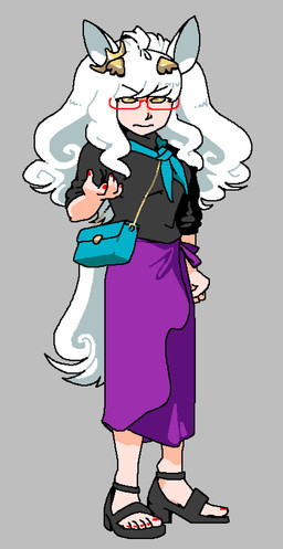 accessory annoyed big_ears big_hair black_clothing black_shirt black_topwear bottomwear clothing colored_nails curly_hair eyewear fashion female footwear glasses hair hair_accessory nails necktie purple_bottomwear purple_clothing purple_skirt purse red_nails sandals shirt shoes skirt solo topwear white_hair sarahsuccubus cygames uma_musume_pretty_derby biwa_hayahide_(pretty_derby) animal_humanoid equid equid_humanoid equine equine_humanoid horse_humanoid humanoid mammal mammal_humanoid hi_res