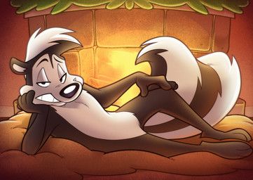 anthro bedroom_eyes black_body black_fur black_nose eyebrows fire fireplace fur hair hand_on_cheek hand_on_knee hand_on_leg looking_at_viewer lying male narrowed_eyes on_rug on_side pose raised_inner_eyebrows rug seductive showing_teeth smile solo white_body white_fur jusrhkuhoh looney_tunes warner_brothers pepe_le_pew mammal mephitid skunk hi_res