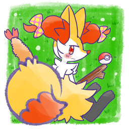 :3 accessory ambiguous_anthro ambiguous_gender anthro biped blush blush_stickers border bow_ribbon digitigrade dipstick_tail food grass hair_accessory hair_bow hair_ribbon holding_object holding_stick looking_at_viewer looking_back looking_back_at_viewer markings object_in_tail outside perspective-incorrect_texturing plant pokeball rear_view ribbons shrimp_(food) simple_background sitting snout solo star_pupils stick tail tail_markings annyui0611 nintendo pokemon braixen canid generation_6_pokemon mammal pokemon_(species) 1:1 2024 digital_drawing_(artwork) digital_media_(artwork) full-length_portrait hi_res japanese_description portrait translated_description