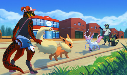 anthro black_body black_scales boots bottomwear claws clothed clothing duo female feral footwear fur grass hat headgear headwear horn orange_body orange_scales pink_body plant pokeball pokemon_battle pokemon_center scales shoes shorts standard_pokeball tail yellow_eyes sillysnaily mythology nintendo pokemon molten_(darkenwynder) eeveelution flareon generation_1_pokemon generation_2_pokemon generation_6_pokemon kobold mammal mythological_creature mythological_scalie pokemon_(species) reptile scalie sylveon umbreon hi_res