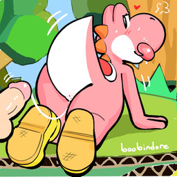 after_sex all_fours balls bodily_fluids butt cardboard clothing cum cum_string duo female footwear genital_fluids genitals happy heart_symbol looking_back male male/female motion_lines outside penis plant rear_view shoes sky tail tongue tongue_out tree vulva dubindore mario_bros nintendo pink_yoshi yoshi hi_res