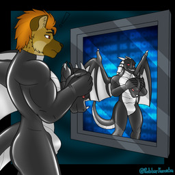 altered_reflection anthro black_body black_bodysuit black_clothing black_latex black_skinsuit bodysuit claws clothing dorsal_fin dorsal_frill drone dronification ear_fins fin frill_(anatomy) grey_body horn latex latex_clothing latex_skinsuit male mask mask_with_sex_toy multicolored_body multicolored_bodysuit multicolored_clothing multicolored_skinsuit null_bulge orcadrone red_eyes reflection skinsuit spines suiting_up surprised tight_clothing white_body white_bodysuit white_clothing white_latex white_skinsuit wings bullgator mythology negadrake rex_(bullgator) dragon mythological_creature mythological_scalie scalie 1:1 2024 hi_res