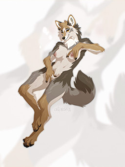 anthro areola biped breasts claws feet female fingers front_view hair looking_at_viewer nipples nude nude_anthro nude_female simple_background sitting smile solo tail teeth toes astarcis manzanita_(moonshinefalling) canid canine canis coyote mammal 2026 digital_drawing_(artwork) digital_media_(artwork) hi_res