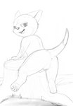 anthro anus balls butt genitals male open_mouth open_smile outside pawpads paws penis raised_leg raised_tail smile solo tail tree_stump kaiberu capcom monster_hunter felid felyne lynian mammal hi_res monochrome sketch