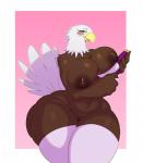 alcohol anthro beak belly beverage big_breasts blush border bottle breasts brown_body brown_feathers clothing container curvy_figure feathers female genitals huge_breasts huge_hips huge_thighs innie_pussy legwear looking_at_viewer mostly_nude nipples non-mammal_breasts non-mammal_nipples open_beak open_mouth pink_background pussy simple_background slightly_chubby smile solo standing stockings thick_thighs thigh_highs voluptuous white_body white_border white_feathers wide_hips wine yellow_beak sssonic2 third-party_edit american_eagle accipitrid accipitriform avian bald_eagle bird eagle sea_eagle 2018 absurd_res digital_media_(artwork) hi_res