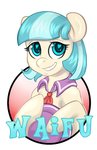 blue_eyes blue_hair circle clothing coco_pommel_(mlp) equid equine female friendship_is_magic hair hasbro hat headgear headwear heart_eyes heart_symbol hi_res hobbes_maxwell holding_object horse mammal my_little_pony pony shirt_collar simple_background solo white_background