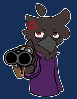 black_body black_feathers clothing feathers gesture gun hand_gesture looking_at_viewer male pointing pointing_at_viewer purple_clothing purple_sweater purple_topwear ranged_weapon red_eyes sticker sweater topwear weapon winged_arms wings ferrissimulator nokesh avian bird corvid corvus_(genus) crow oscine passerine tagme