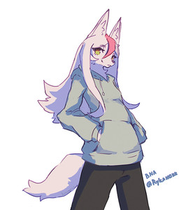 anthro black_bottomwear black_clothing black_pants bottomwear clothing ear_tuft female hoodie kemono pants simple_background smile snout solo topwear tuft rykanokk brand_new_animal studio_trigger nazuna_hiwatashi canid canine canis mammal wolf 2020