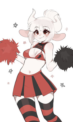 anthro anthrofied bite biting_lip bottomwear bra breasts cheerleader chest_tuft clothed clothing female fur hair legwear markings mole_(marking) navel pom_poms red_eyes simple_background skirt solo stockings teeth thigh_highs tuft underwear white_background white_body white_fur white_hair fredek666 helltaker moeflavor_cheerleader_uniform goat_lucifer_(helltaker) bovid caprine goat mammal digital_media_(artwork) hi_res