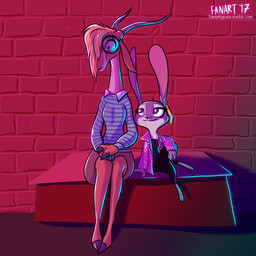 anthro barefoot blush brick_wall chest_tuft clothed clothing cosplay cross crossover_cosplay duo ear_piercing eyewear feet female fur glasses hair hair_over_eye hands_on_lap horn jacket jewelry necklace one_eye_obstructed open_clothing open_jacket open_topwear piercing purple_eyes simple_background sitting text topwear tuft wall_(structure) fanartiguess black_mirror disney zootopia gazelle_(zootopia) judy_hopps kelly_booth yorkie_(black_mirror) antelope bovid european_rabbit gazelle lagomorph leporid mammal oryctolagus rabbit thomson's_gazelle true_antelope 1:1 2017 crossover hi_res signature url