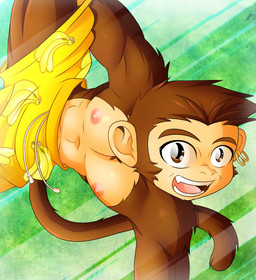 banana bottomwear brown_body brown_eyes brown_fur clothed clothing food fruit fur hair hairy happy long_tail male movement muscular plant short_hair shorts solo tail topless fire_conejo animal_strife haplorhine mammal monkey primate hi_res