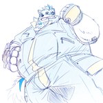 anthro clothing fingerless_gloves fur gloves handwear jumpsuit low-angle_view male overweight overweight_male scouter sketchy solo superhero topknot white_body white_fur sorbet_love lifewonders live_a_hero yohack canid canine canis domestic_dog mammal 1:1 hi_res sketch