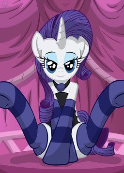 ball_gag bedroom_eyes blue_eyes closed_smile clothed clothed_female clothed_feral clothing eyelashes female female_feral feral front_view gag hair hooves horn legs_up legwear lingerie_on_feral looking_at_viewer mouth_closed narrowed_eyes pattern_clothing pattern_legwear pattern_stockings purple_hair quadruped seductive sitting smile solo spread_legs spreading stockings striped_clothing striped_legwear striped_stockings stripes unguligrade white_body template93 friendship_is_magic hasbro my_little_pony mythology rarity_(mlp) equid equine mammal mythological_creature mythological_equine unicorn absurd_res cel_shading colored digital_media_(artwork) hi_res shaded