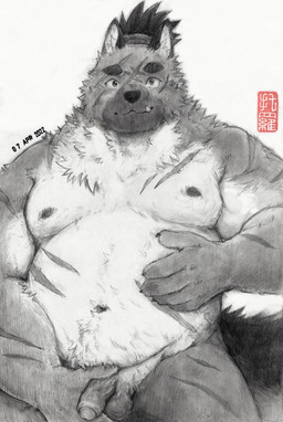 anthro balls belly big_belly cute_fangs fangs flaccid foreskin fur genitals holding_penis kemono male moobs multicolored_body multicolored_fur musclegut muscular nipples nude overweight overweight_anthro overweight_male penis presenting presenting_penis pubes scar smile solo teeth two_tone_body two_tone_fur felixleong toronoeroaka lifewonders tokyo_afterschool_summoners yasuyori_(tas) canid canine canis domestic_dog mammal 2022 dated hi_res monochrome traditional_media_(artwork)