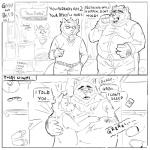 anthro bed belly body_hair bottomwear clothing cuddling detailed_background duo eyewear food furniture glasses hug humanoid_hands male male/male overweight overweight_male pants shirt shoulder_hair text topwear spazz_bear bear canid canine canis mammal wolf 1:1 2018 comic english_text hi_res monochrome