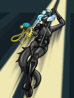 anthro black_bodysuit black_boots black_clothing black_footwear black_gloves black_handwear black_skinsuit blue_body blue_hair bodysuit boots breasts clothed clothed_anthro clothed_female clothing detailed_background diamond_(gem) female fingers footwear gem gloves gold_(metal) grey_eyes hair handwear humanoid_hands jewelry knee_boots knee_highs legwear light light_beam long_tail looking_at_viewer looking_down low-angle_view medium_breasts necklace non-mammal_breasts robber rope shoes short_hair skinsuit smile smirk solo spiked_tail spikes spikes_(anatomy) tail tight_clothing kaewhy goodbye_volcano_high ko_op_(game_developer) nick_(gvh) baryonyx dinosaur prehistoric_species reptile saurischian scalie spinosaurid theropod 3:4 colored full-length_portrait hi_res portrait shaded