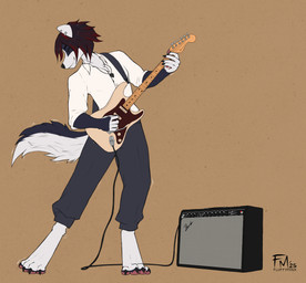 4_toes amplifier anthro black_body black_fur bottomwear claws clothing dancing feet finger_claws fur grey_bottomwear grey_clothing grey_pants guitar guitar_amp guitar_strap guitarist hair highlights_(coloring) jewelry male male/male markings messy_hair musical_instrument necklace pants pawpads paws piercing plucked_string_instrument simple_background small_ears solo standing string_instrument striped_markings striped_tail stripes tail tail_markings tail_motion toes topwear white_body white_clothing white_fur white_topwear fluffyminx minx_(fluffyminx) badger european_badger mammal meles mustelid musteline hi_res