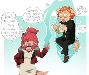 anthro book brown_body brown_fur clothed clothing cosplay crossover_cosplay duo eyewear female fur glasses hair jacket male open_mouth red_clothing red_jacket red_topwear scared school_uniform tail telekinesis text topwear uniform young young_anthro young_female young_male anaquariusart cyberconnect2 dandadan fuga:_melodies_of_steel little_tail_bronx ken_takakura momo_ayase socks_million wappa_charlotte bird_dog canid canine caninu canis domestic_dog hunting_dog mammal spaniel terrier 2025 crossover english_description english_text hi_res