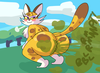anthro big_butt blush brown_spots butt chest_tuft crouching detailed_background eyelashes eyeshadow fart fart_cloud fart_fetish female fur gloves_(marking) green_fart_cloud looking_at_viewer looking_back looking_back_at_viewer makeup markings motion_lines onomatopoeia plant purple_eyes purple_eyeshadow shaking_butt solo sound_effects spots spotted_body spotted_fur tail tail_markings text thick_thighs tree tuft yellow_body yellow_fur yellow_sclera brappycatty kirby_(series) nintendo clawroline felid leopard mammal pantherine 2022 absurd_res hi_res