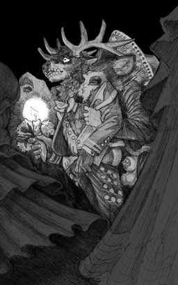 animal_genitalia animal_penis anthro antlers balls bite candle canine_genitalia canine_penis clothed clothing duo genitals grope horn looking_up male neck_bite partially_clothed penis public sex sheath simple_background stealth_sex momamo mo_(momamo) tterra african_wild_dog canid canine cervine deer elk mammal 2025 5:8 absurd_res hi_res monochrome traditional_media_(artwork)