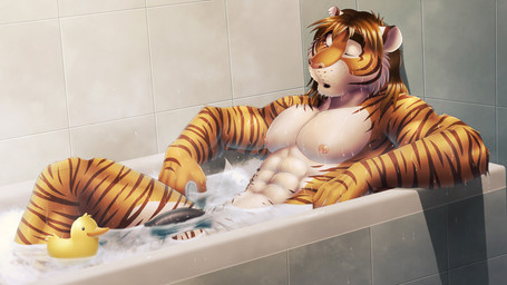 abs anthro bath biceps black_penis brown_body brown_fur brown_hair countershading eyes_closed flaccid foreskin fur genitals hair humanoid_genitalia humanoid_penis male muscular muscular_anthro muscular_male nipples nude partially_retracted_foreskin pecs penis pink_nose rubber_duck solo stripes water wet white_body white_fur dream_and_nightmare night_(dream_and_nightmare) felid mammal pantherine tiger 16:9 hi_res widescreen