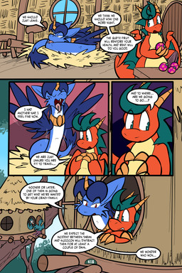2_horns 4_panel_comic ambiguous_gender beak black_eyes black_text blue_body blue_hair blue_wings chair claws clenched_teeth day dialogue door duo_focus ellipsis eyebrows eyelashes eyes_closed fangs feathered_wings feathers feral finger_claws food forked_tongue fruit furniture green_body green_eyes group hair haybale holding_food holding_fruit holding_object horn inside looking_at_another looking_back motion_lines open_mouth orange_body outside page_number plant question_mark questioning_ellipsis scales sharp_teeth speech_bubble stretching table tail talking_to_another teeth text tongue toony translucent translucent_hair tree white_sclera window wings wood wood_chair wood_door wood_furniture wood_table virmir mythology renbrand saida couatl dragon feathered_scalie feathered_snake mythological_creature mythological_scalie reptile scalie snake 2025 2:3 absurd_res comic english_text hi_res