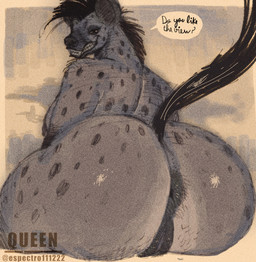 anal_hair anthro anus big_breasts big_butt black_hair breasts butt fangs female fur genitals grey_body grey_fur grin hair huge_butt looking_at_viewer looking_back looking_back_at_viewer markings nude nude_anthro nude_female presenting presenting_hindquarters pubes sharp_teeth sitting smile solo spots spotted_body spotted_fur teeth thick_thighs vulva wide_hips espectro111222 hyena mammal spotted_hyena hi_res