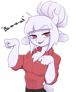 anthro bleating breasts chest_tuft clothed clothing eyebrow_through_hair eyebrows female fur hair hair_bun half-closed_eyes horn looking_at_viewer narrowed_eyes playful red_clothing red_eyes red_shirt red_topwear shirt simple_background slim small_waist solo topwear translucent translucent_hair tuft white_body white_fur white_hair conditional_dnp pudgeruffian helltaker goat_lucifer_(helltaker) bovid caprine goat mammal absurd_res digital_media_(artwork) hi_res shaded