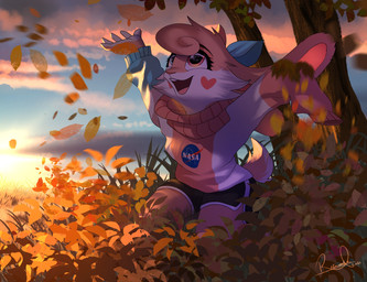anthro autumn autumn_leaves blue_eyes buckteeth clothed clothing cloud eyelashes falling_leaves female fully_clothed fur heterochromia leaf light outside pink_body pink_fur plant red_eyes sky solo sun teeth tree white_body white_fur relaxablefur cinnabunn_(bunsawce) lagomorph leporid mammal rabbit 2021 digital_media_(artwork) hi_res lighting shaded signature