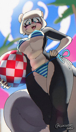 anthro ball beach_ball bikini blue_bikini blue_clothing blue_eyes blue_sky blue_swimwear blush boing_ball breasts clothing day eyewear female fur glasses gloves_(marking) hair hand_on_hip inflatable looking_at_viewer looking_down looking_down_at_viewer low-angle_view markings multicolored_body multicolored_fur navel nipple_outline open_mouth open_smile outside pattern_bikini pattern_clothing pattern_swimwear sky smile solo string_bikini striped_bikini striped_clothing striped_swimwear stripes swimwear tail triangle_bikini two-piece_swimsuit two_tone_body two_tone_fur under_boob white_hair worm's-eye_view luxar92 amiga_(computer) sabrina_online sabrina_(sabrina_online) mammal mephitid skunk 2026 hi_res