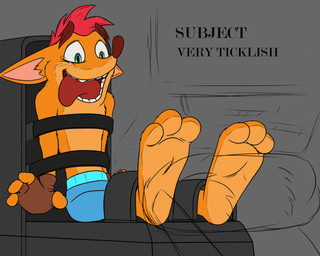 anthro arms_tied barefoot blue_bottomwear blue_clothing blue_pants bodily_fluids bottomwear bound brown_eyebrows brown_nose brush clothing crying_laughing eyebrows feet fingerless_gloves foot_fetish foot_focus fur gloves green_eyes hair handwear laugh legs_tied male orange_body orange_fur pants pink_inner_ear red_hair red_tongue screen solo tears teeth text tickle_fetish tickle_torture tickling tickling_feet tongue tongue_out chaos99 activision crash_bandicoot_(series) crash_bandicoot bandicoot mammal marsupial 5:4 colored_sketch english_text sketch