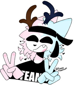 anthro antlers blue_body clothing eyes_closed gesture hand_gesture happy horn male open_mouth pink_body shirt simple_background smile solo teeth tongue topwear v_sign white_background voidlyvessel pixile_studios super_animal_royale coffepancacke_(katzevrywhere) deer mammal super_cotton_candy_deer_(sar) super_deer_(sar) hi_res